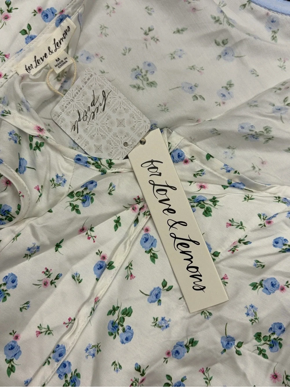 Free People For Love & Lemons Blue Floral Puff-Sleeve Dress w/ Polka Dot Bow